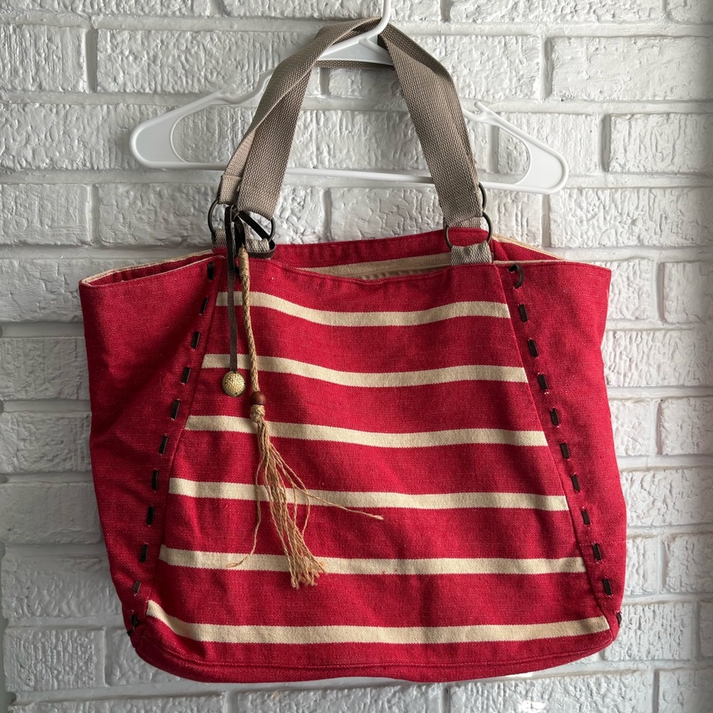Red Striped Canvas Tote Bag - Unbranded